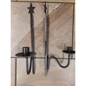 Vintage Wrought Iron Star Folk set of 2 Wall Candle Sconces Primitive Farmhouse